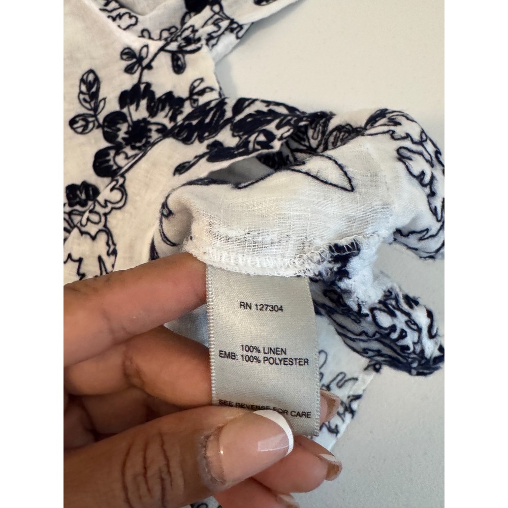 John Mark Linen Floral Embroidered Button Down Shirt Navy White n3 - Picture 4 of 7